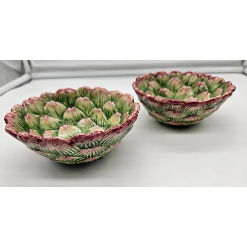 Fitz & Floyd 1991 Artichoke Bowls Set of 2 Green Purple Ceramic Botanical Decor